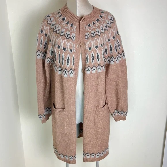 New Max edition Fair Isle Intarsia knit long Cardigan sweater Size Large NEW - Picture 2 of 9